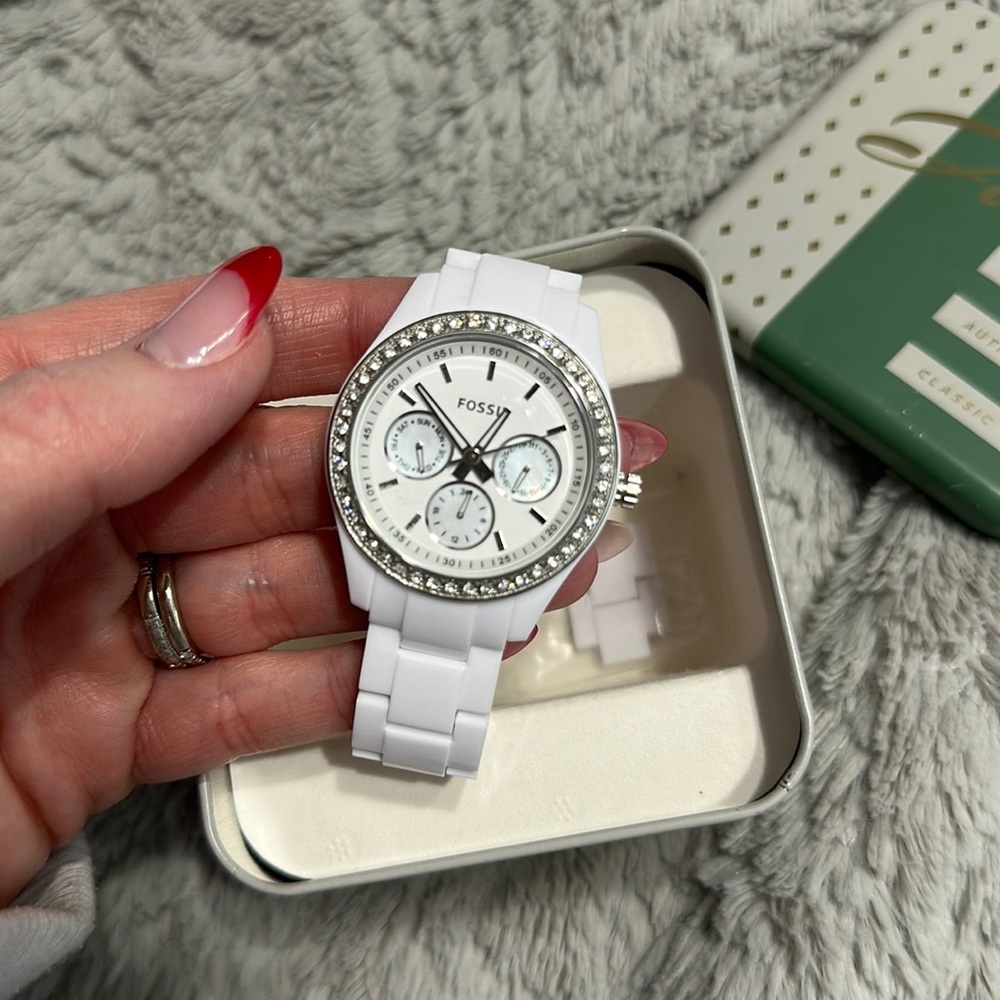 Fossil white sparkly watch.